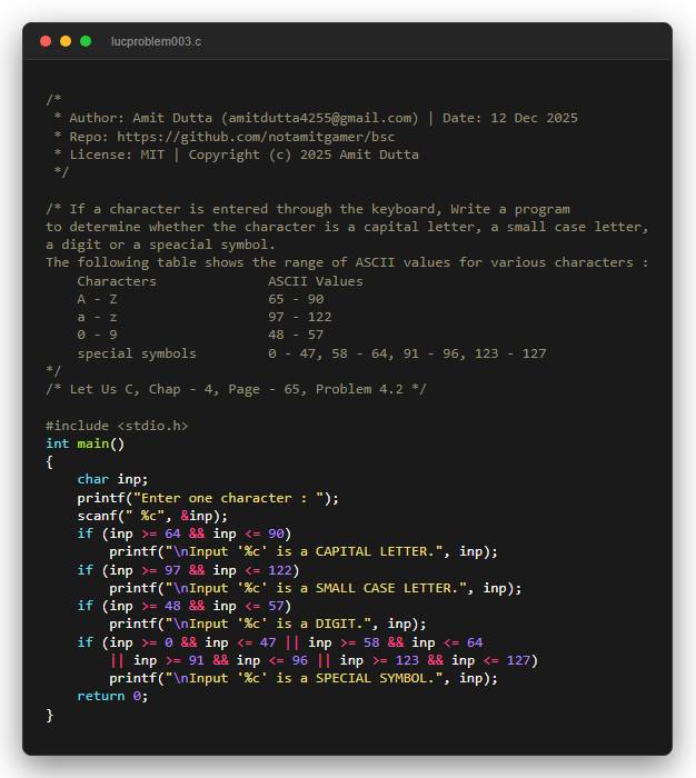 If a character is entered through the keyboard, Write a program to determine whether the character is a capital letter, a small case letter, a digit or a speacial symbol. The following table shows the range of ASCII values for various characters : Characters              ASCII Values A - Z                   65 - 90 a - z                   97 - 122 0 - 9                   48 - 57 special symbols         0 - 47, 58 - 64, 91 - 96, 123 - 127